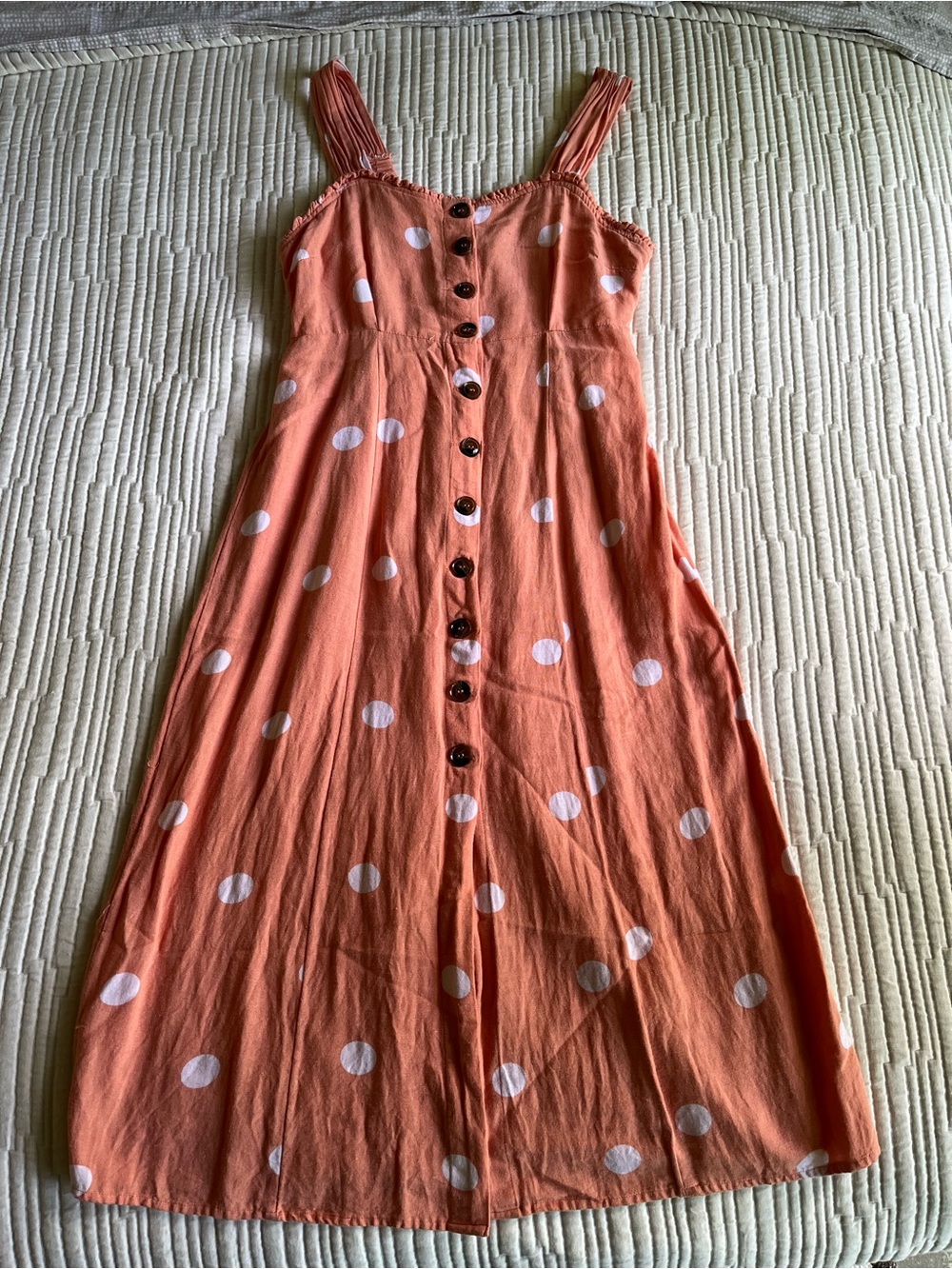 Japna Peach Polka Dot Sweetheart Button-Front Midi Sundress sz M